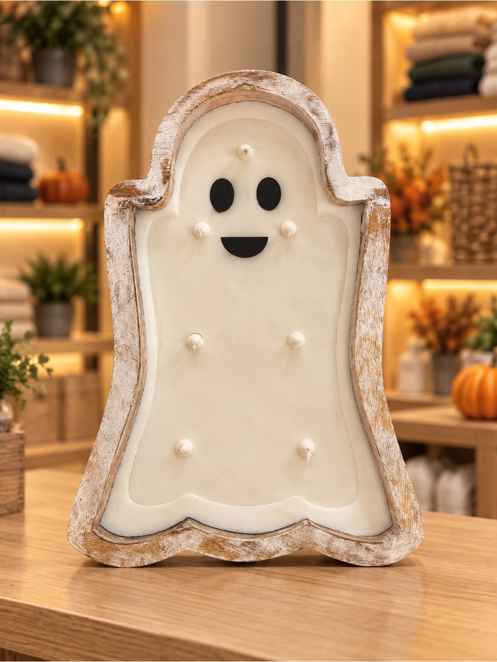 Wood-Framed Ghost Candle Décor – Cream & Black